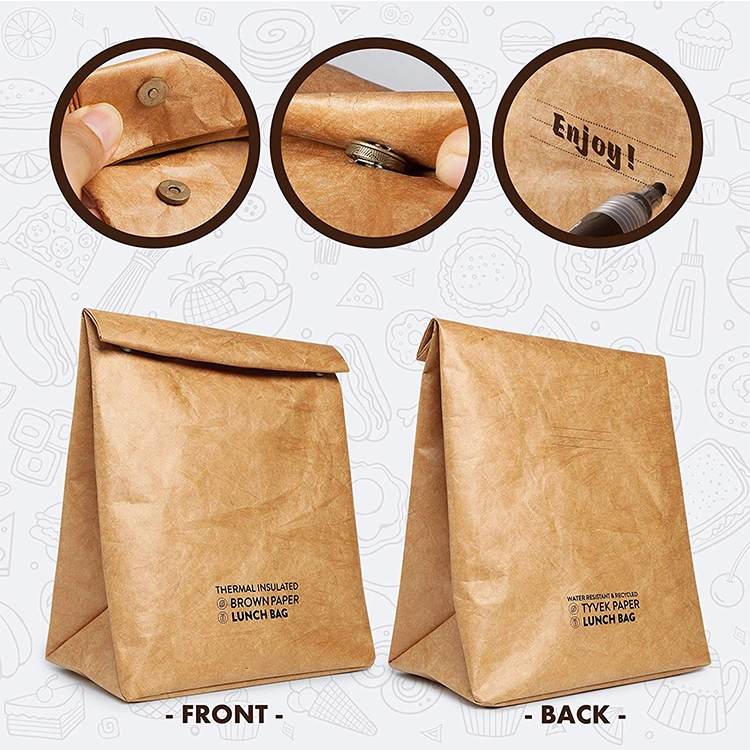 Hot Sale Portable Reusable Washable Brown Tyvek Thermal Insulated Lunch Paper Cooler Bag 