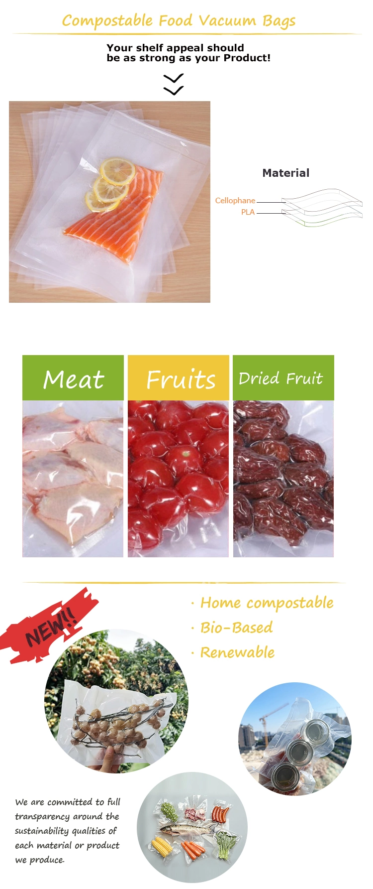 BPA Free Nylon Compostable Biodegradable 3 Side Seal Flat Retort Pouch Embossed Vacuum Storage Bag for Meat Frozen Food