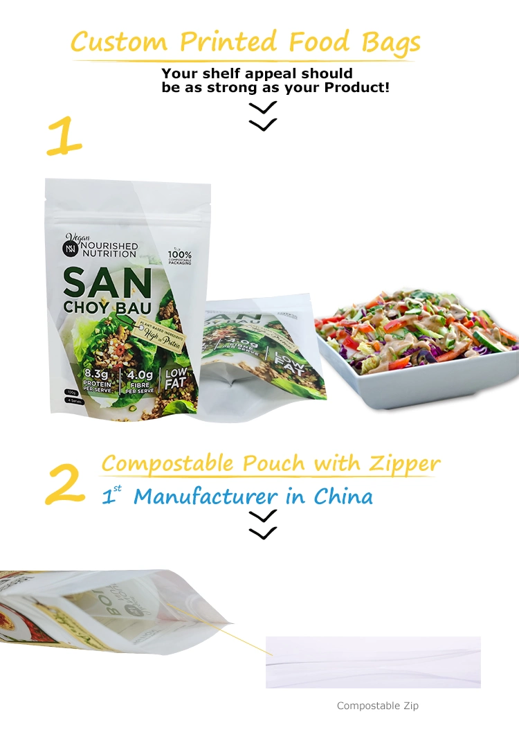 Eco Friendly 100% Compostable Biodegradable Organic Food Packaging Kraft Paper Ziplock Stand up Pouch Bag for Spice Salad Sauce Candy Pasta