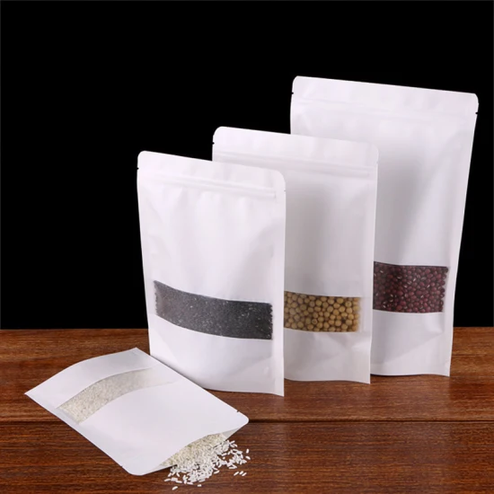 Sac de rangement alimentaire réutilisable personnalisé en papier kraft blanc avec sac d'emballage alimentaire sec pour collation à fermeture à glissière